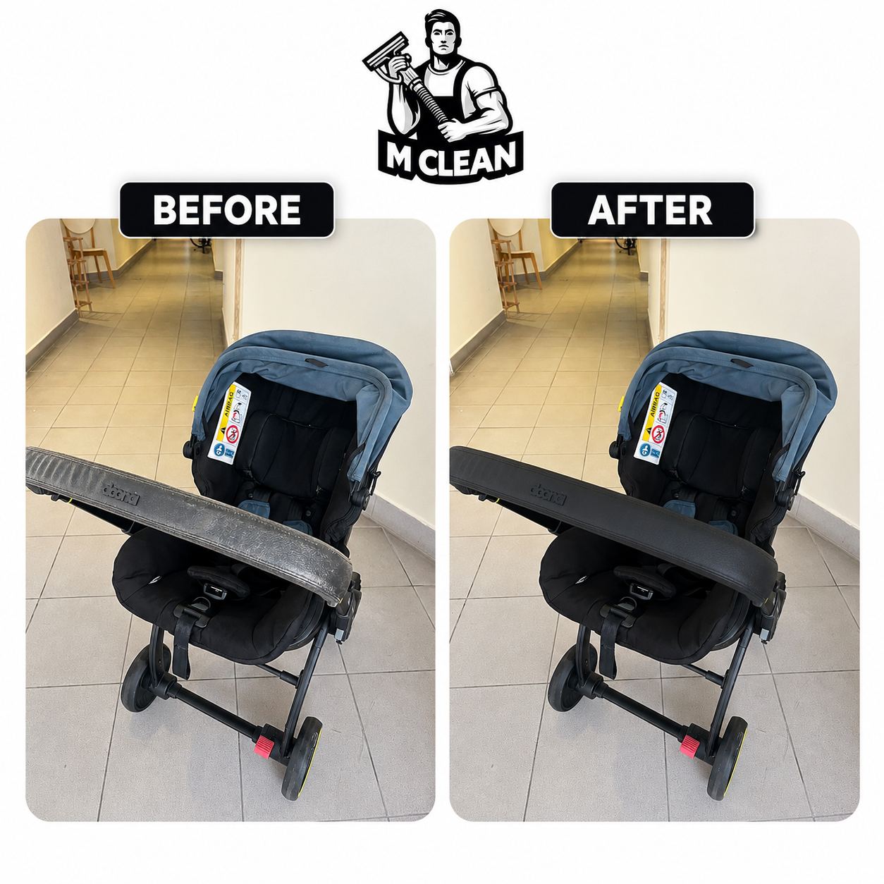 Before and after stroller cleaning by M Clean Singapore